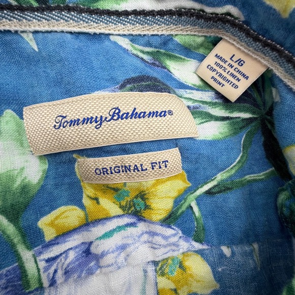 Tommy Bahama Mens Large Blue Linen Parrot Floral Tropical Camp Shirt Hawaiian - Picture 2 of 9